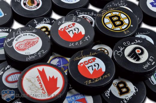 1972 Team Canada Autographed Puck Collection of 39, Including Ferguson, Goldsworthy & Bergman