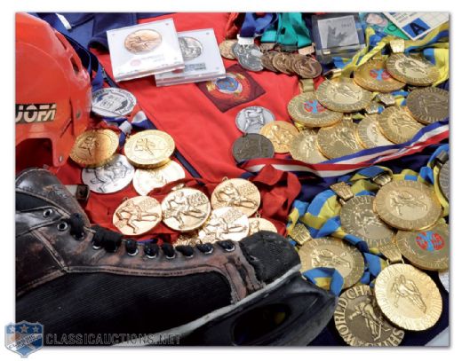 Vasily Pervukhins Soviet Union World Championships Medals & Game-Worn Equipment Collection, Featuring 6 IIHF World Championships Gold Medals