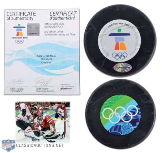 2010 Winter Olympics Mens Canada vs Switzerland Game-Used Puck From Overtime