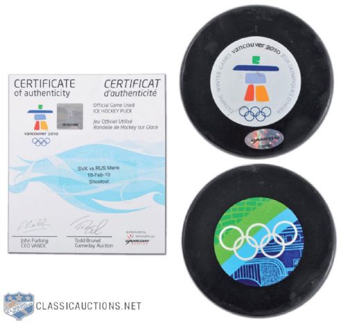 2010 Winter Olympics Mens Slovakia vs Russia Game-Used Puck From Shootout