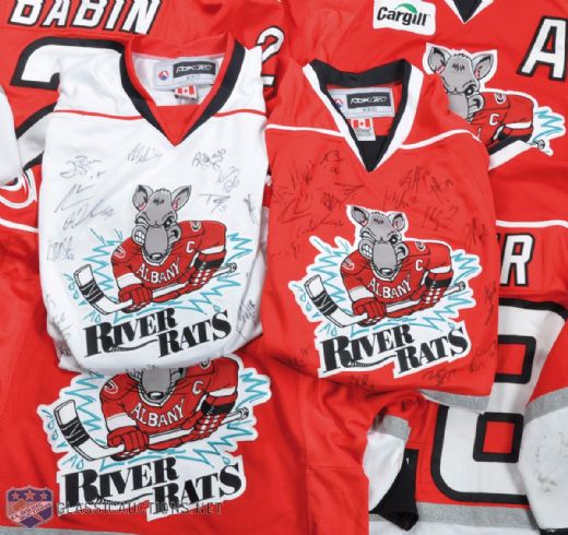 2008-09 Albany River Rats Game-Worn Red Jersey Collection of 5 Plus Team-Signed River Rats Jersey Collection of 2