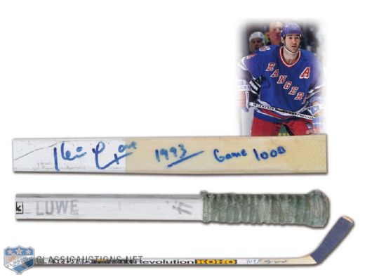 1992-93 Kevin Lowe N.Y. Rangers 1,000th NHL Game Autographed Game-Used Stick