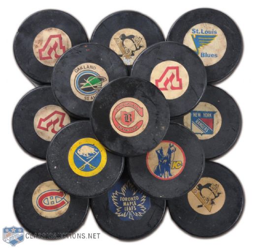 1970s NHL Converse Screened Reverse Game Puck Collection of 14