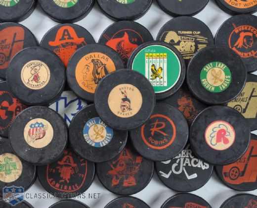 AHL, WHL, IHL & Various Minor League Game Puck Collection of 130