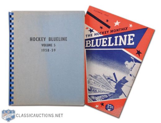 October 1954 Blueline Gordie Howe Inaugural Issue, Plus Bound Volume of Eight 1958-59 Blueline Issues