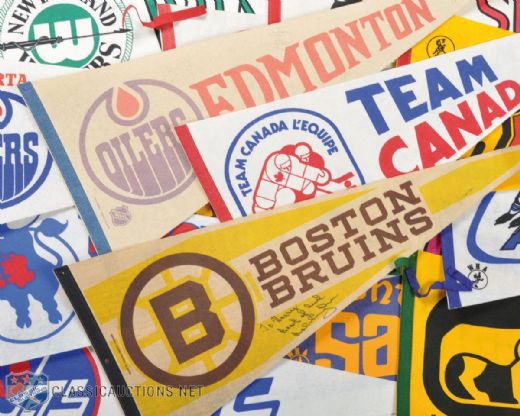1970s NHL & WHA Pennant Collection of 16 Including Bobby Orr Signed Boston Bruins
