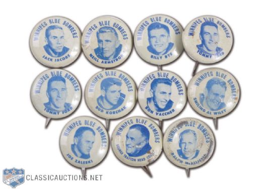 Scarce 1952 Winnipeg Blue Bombers Player Pin Collection of 11