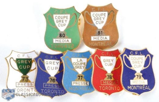 1973-81 CFL Grey Cup Press Pin Collection of 7