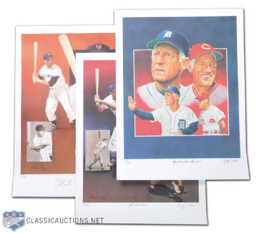 Baseball Hall of Famers Signed Limited Edition Lithograph Collection of 3, Featuring Lou Boudreau, Sparky Anderson & Monte Irvin (24" x 18")