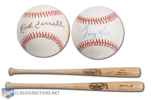 Deceased HOFers Rick Ferrell & George Kell Autographed Baseball & Game Model Bat Collection of 4
