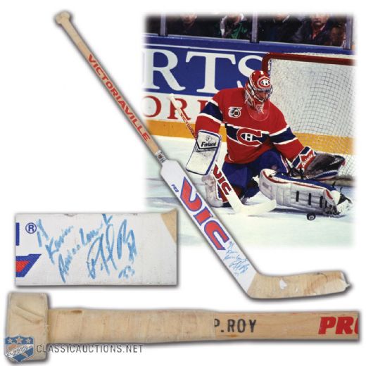 Patrick Roy Early-1990s Montreal Canadiens Victoriaville Signed Game-Used Stick