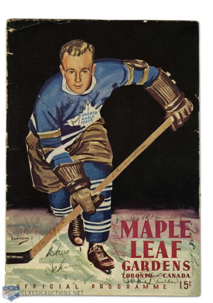 1941-42 Toronto Maple Leafs Program Cover Autographed by 12, Including Broda, Schriner & Apps