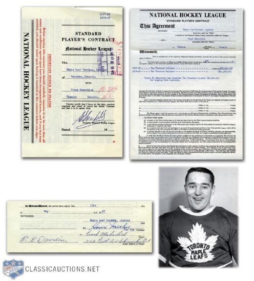 Frank Mahovlichs 1957-59 Toronto Maple Leafs Contract, Signed by Mahovlich, Meeker & Campbell