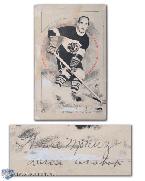 1935 Howie Morenz Chicago Black Hawks Pen & Ink Drawing Signed by Morenz and Chabot