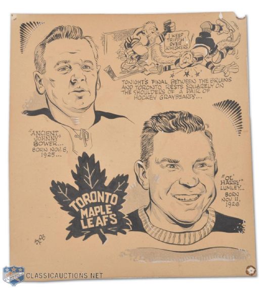 Johnny Bower & Harry Lumley Late-1950s Playoffs Artwork Used in Publication (10 3/4" x 10”)