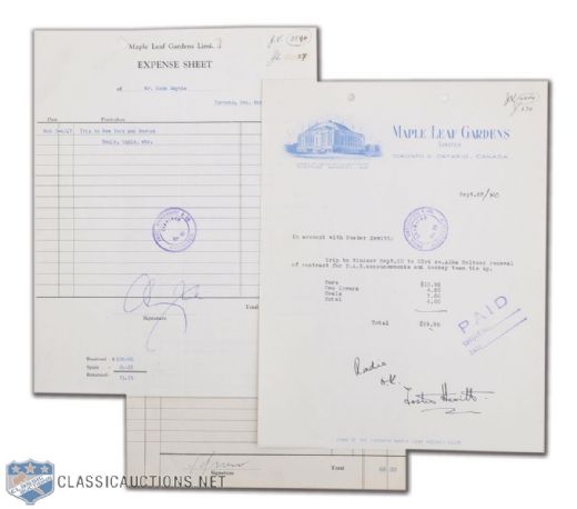 Conn Smythe, Dick Irvin and Foster Hewitt Signed Maple Leaf Gardens Expense Sheets