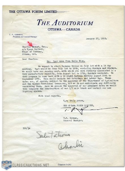 1953 HOF T.P. Gorman Autographed Letter on "Ottawa Auditorium" Stationery