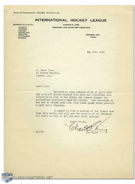 1931 Charles King Signed Letter on International Hockey League Letterhead