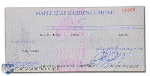 Francis "King" Clancy Signed 1968 Maple Leaf Gardens Check