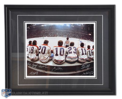 ‘’The Bench’’ 11x14 Framed Photo Signed by 6 inc. Lafleur, Mahovlich, Savard & H. Richard 