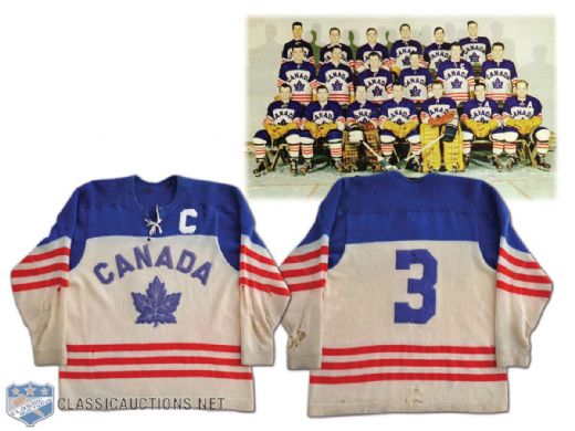 George McAvoys 1955 Team Canada World Championships Gold Medal Game Worn Jersey