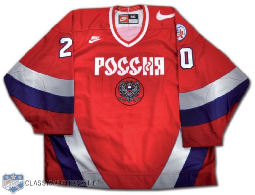Sergei Berezins Team Russia 1996 World Cup of Hockey Game-Issued Jersey 