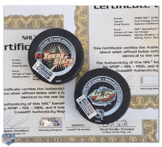 2004 Game-Used Pucks from NHL All-Star Game and Young Stars Game with NHL GamePucks Program LOAs