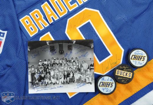 Slap Shot 1977 Movie Signed Lot of 5, Including Braden #10 Chiefs Jersey Signed by Michael Ontkean, Cast-Signed Chiefs 8” x 10” Team Photo With Movie Crew & Autographed Puck Collection of 3