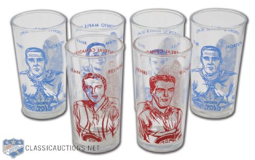 1961-62 Maple Leafs and Canadiens York Peanut Butter Glass Collection of 6 Hall-of-Famers