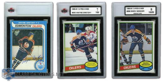 1979-80 OPC Autographed Wayne Gretzky Rookie Card and 80-81 KSA-Graded Cards of Gretzky & Messier (RC)