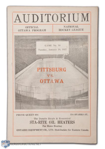 1926-27 Pittsburgh Pirates at Ottawa Senators Program