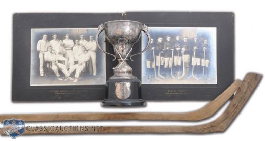 Early Hockey Trophy, Hockey Sticks (2) & 1911 O.A.C. Hockey and Baseball Team Photos