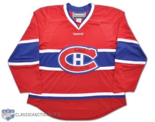 Montreal Canadiens Red Reebok Jersey Signed on Crest by Beliveau, Lafleur and H. Richard