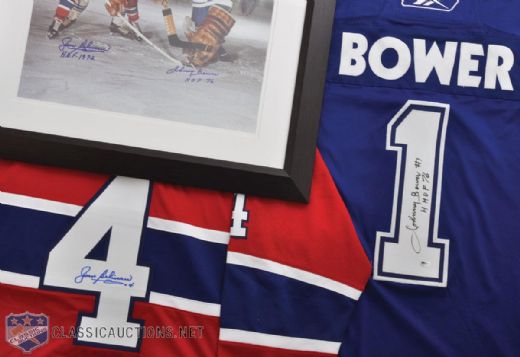 Jean Beliveau & Johnny Bower Autographed Collection of 3 Including Framed 16x20 Photo and Signed Jerseys