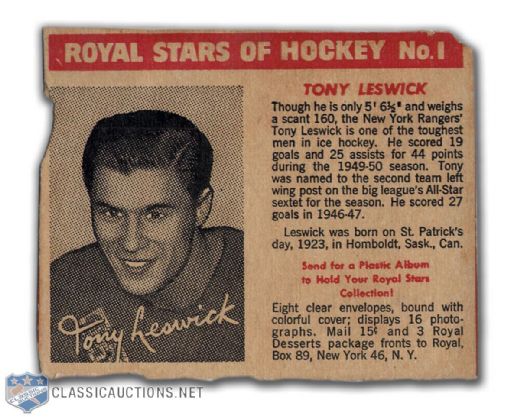 1950-52 Royal Desserts #1 Tony Leswick Card