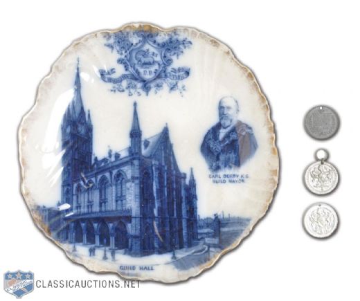 1902 Lord Stanley "Earl Derby Guild Mayor" Ceramic Plate & Medallions (3)