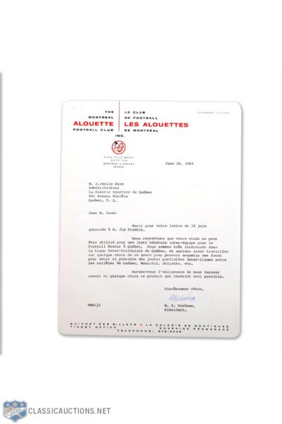 1964 Montreal Alouettes President M.E. Workman Autographed Letter
