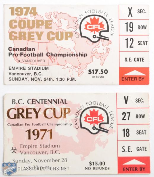 1971 and 1974 Grey Cup Ticket Stubs