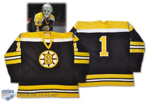 Gilles Gilberts 1973-74 Boston Bruins Game-Worn Jersey with 50th Patch -Team Repairs! -Photo-Matched!