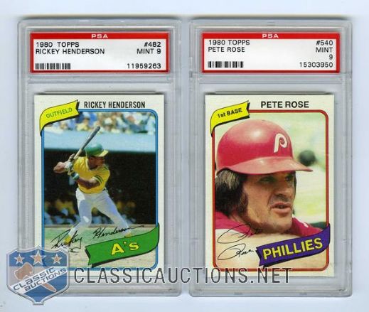 1980 Topps #482 HOFer Rickey Henderson RC and #540 Pete Rose - Both Graded PSA 9