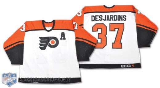 Eric Desjardins 1995-96 Philadelphia Flyers Game-Worn Alternate Captains Jersey -  <br>Team Repairs! - Photo-Matched!