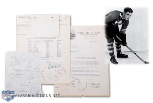 Harvey "Busher" Jacksons 1935 Triple-Signed Receipt Plus 1941 Toronto Maple Leafs Insurance Policies Documents