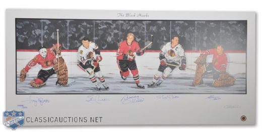 Chicago Black Hawks Limited-Edition Lithograph Autographed by 5 HOFers (18" x 39")
