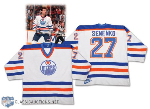 Dave Semenkos 1985-86 Edmonton Oilers Game-Worn Jersey with LOA - Team Repairs!