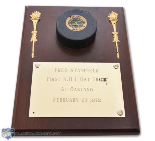 Fred Stanfields 1972 First NHL Hat Trick Goal Puck Plaque