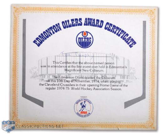 Edmonton Oilers Nov. 10th 1974 Northlands Coliseum First Game Certificate and Ticket Stub
