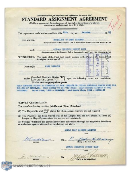 Jack Leclairs 1952 NHL Assignment Agreement Signed by Deceased HOFer Hap Day