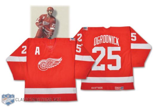 John Ogrodnicks 1985-86 Detroit Red Wings Game-Worn Alternate Captains Jersey with 60th Patch <br>- Team Repairs!