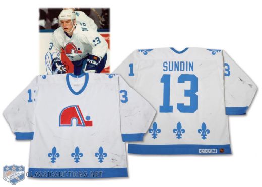Mats Sundins 1990-91 Quebec Nordiques Game-Worn Rookie Season Jersey - Great Game Wear! <br> - Photo-Matched!
