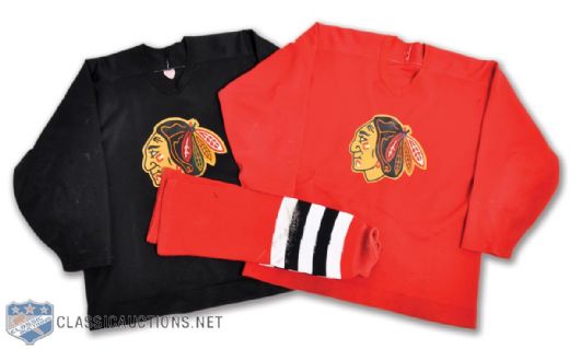 Chicago Black Hawks Practice Jerseys Collection of 2 and Ed Belfour Game-Used Socks